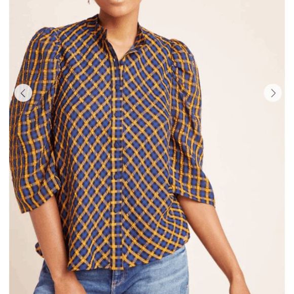 Anthropologie Eva Franco Textured Plaid Blouse, Orange Blue Top, Size 8, MP $148 - Picture 1 of 1